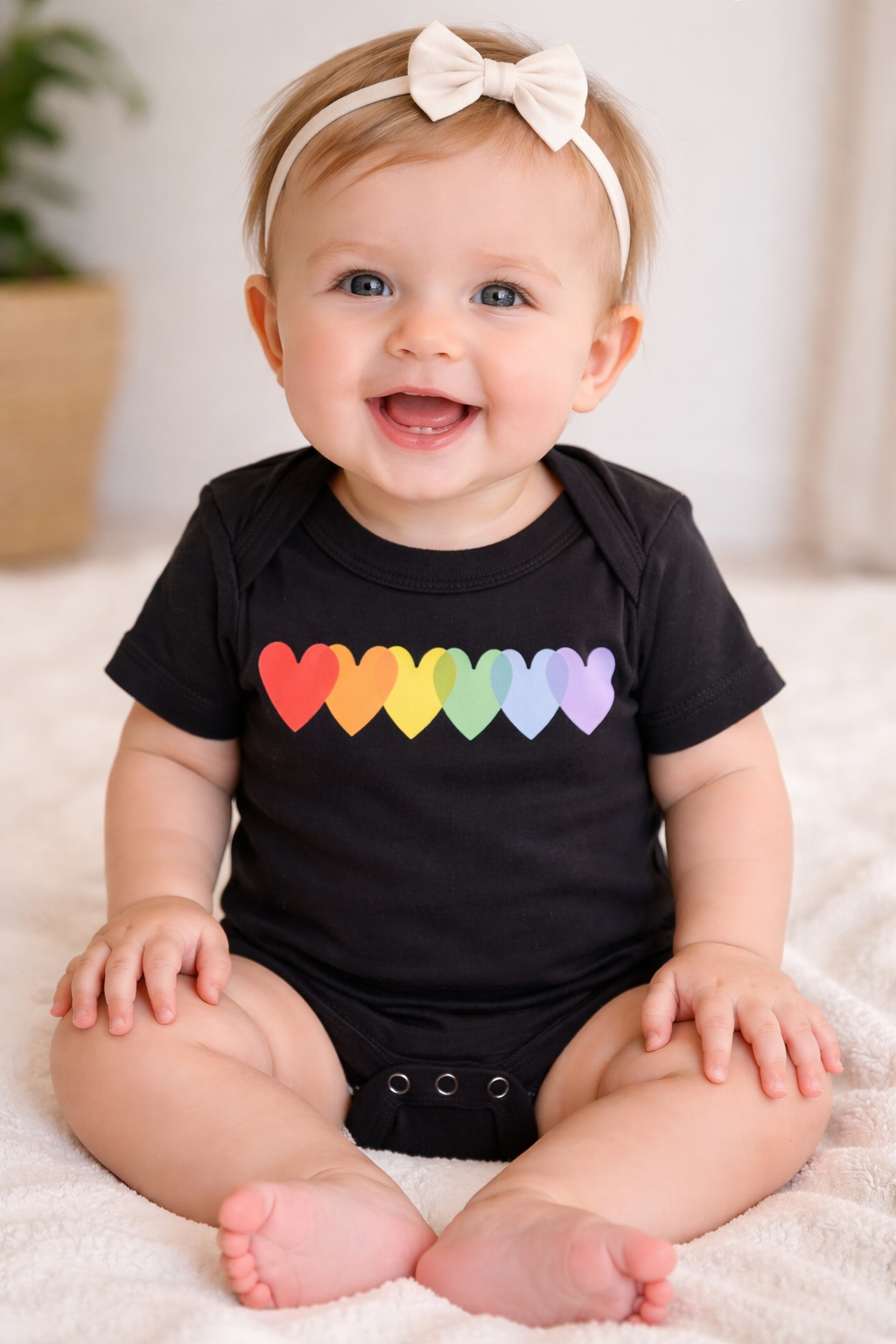 Infant wearing a black rainbow hearts onesie, sitting on a soft white blanket, smiling in a neutral studio setting.