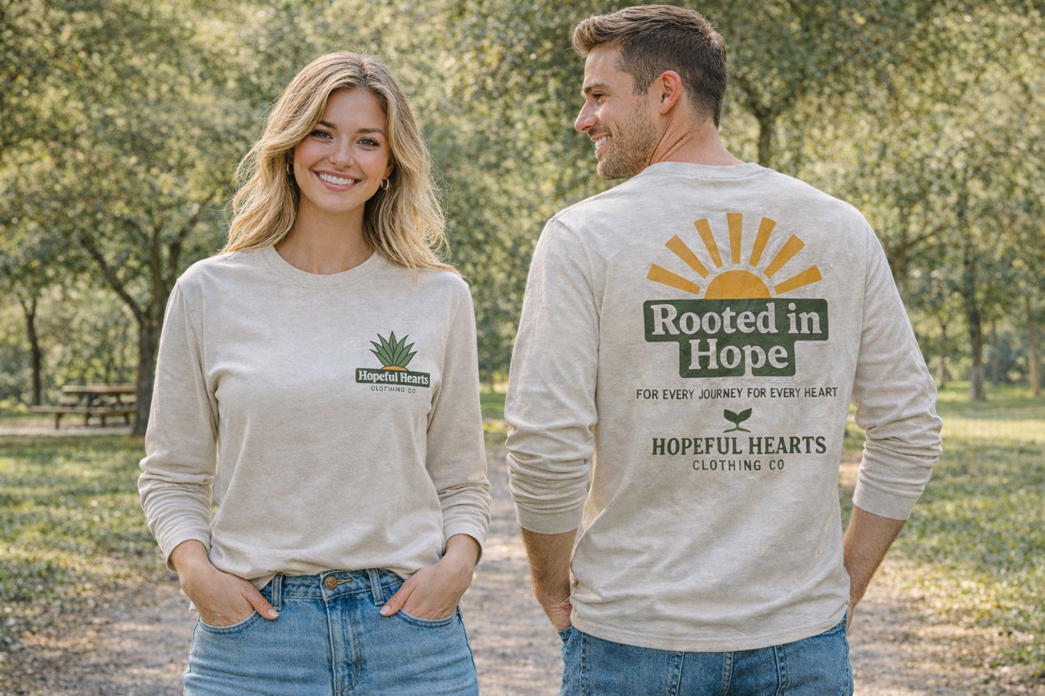 Woman and man wearing Hopeful Hearts long sleeve shirts, featuring a small chest logo on the front and full “Rooted in Hope” design on the back