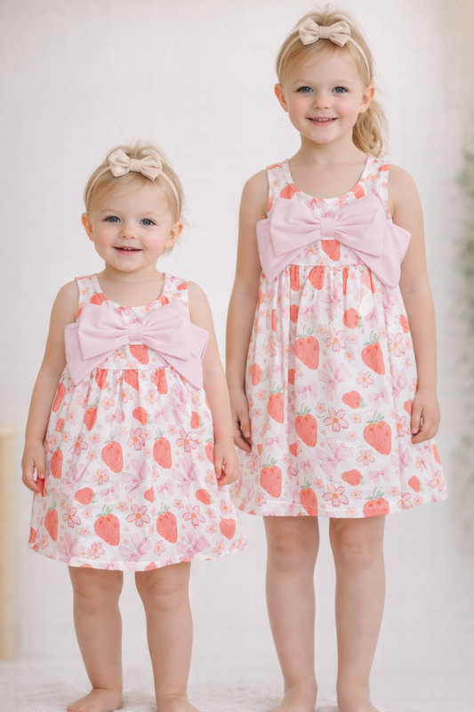Toddler and young girl wearing a strawberry print dress with pink bow detail, standing together in a neutral studio setting.