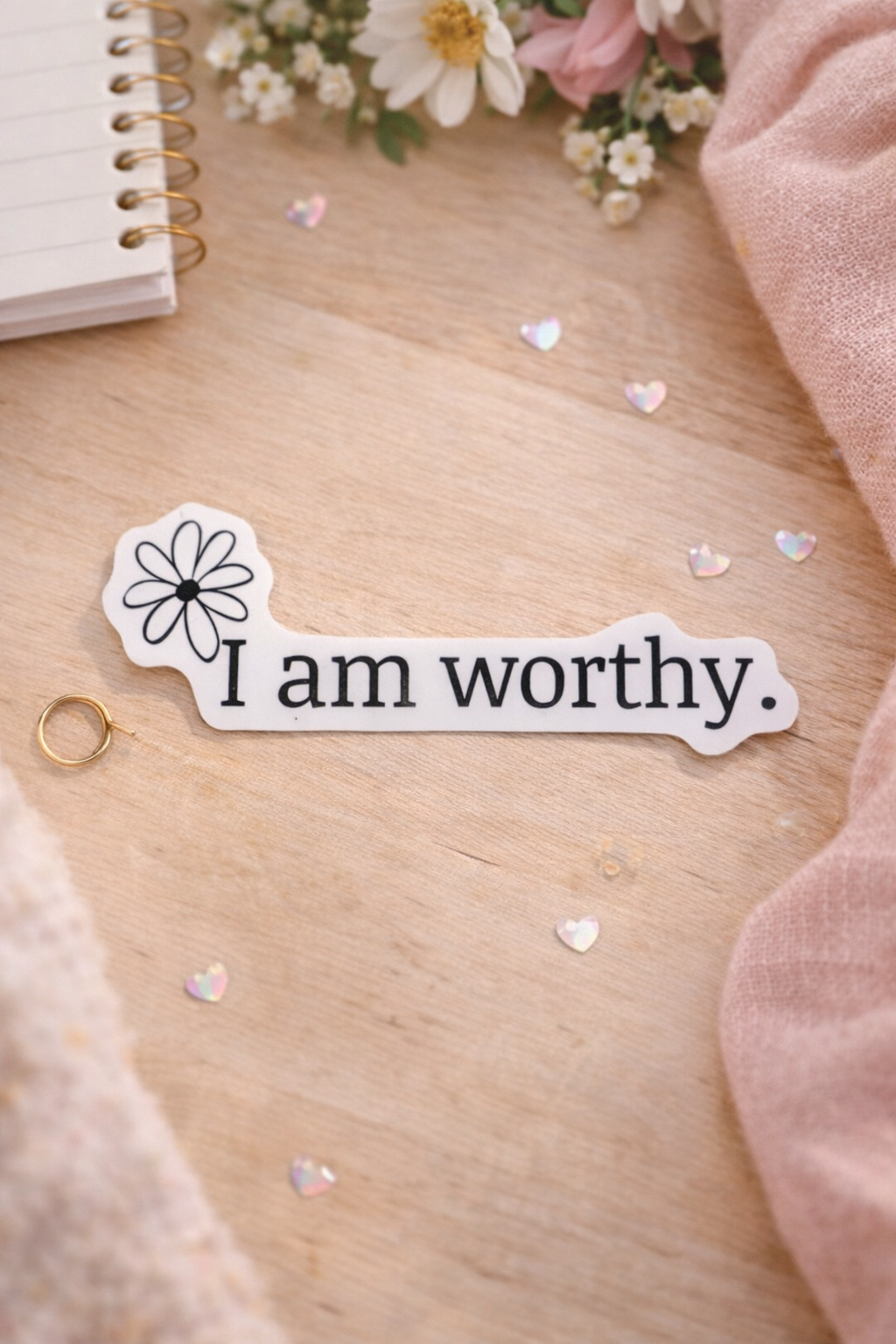 I am worthy’ positive affirmation vinyl sticker with daisy design styled on a wooden surface with soft pink accents and floral details