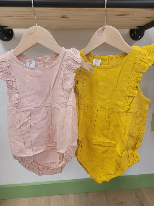 Josie linen rompers in peach and mustard – lightweight stylish outfits for baby girls and toddlers