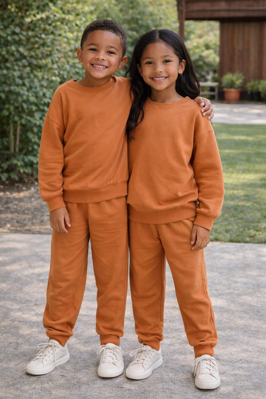Boy and girl models wearing matching burnt orange kids sweat set with long sleeve sweatshirt and jogger pants, shown full length outdoors