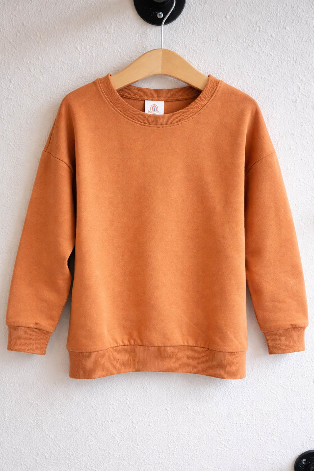 Burnt orange kids sweatshirt displayed on a wooden hanger against a white wall, wrinkle-free with ribbed cuffs and hem
