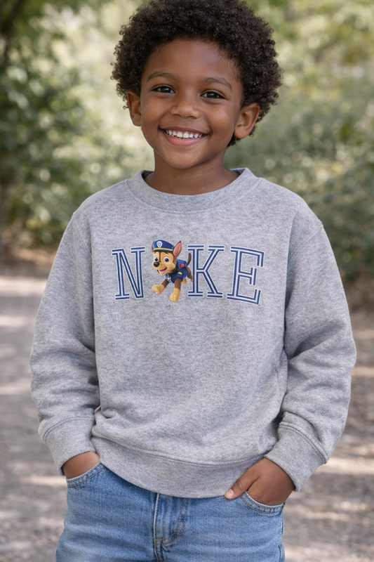 Smiling child model wearing a gray kids crewneck sweatshirt featuring a NKE design with a Paw Patrol character, styled for ages 2–7
