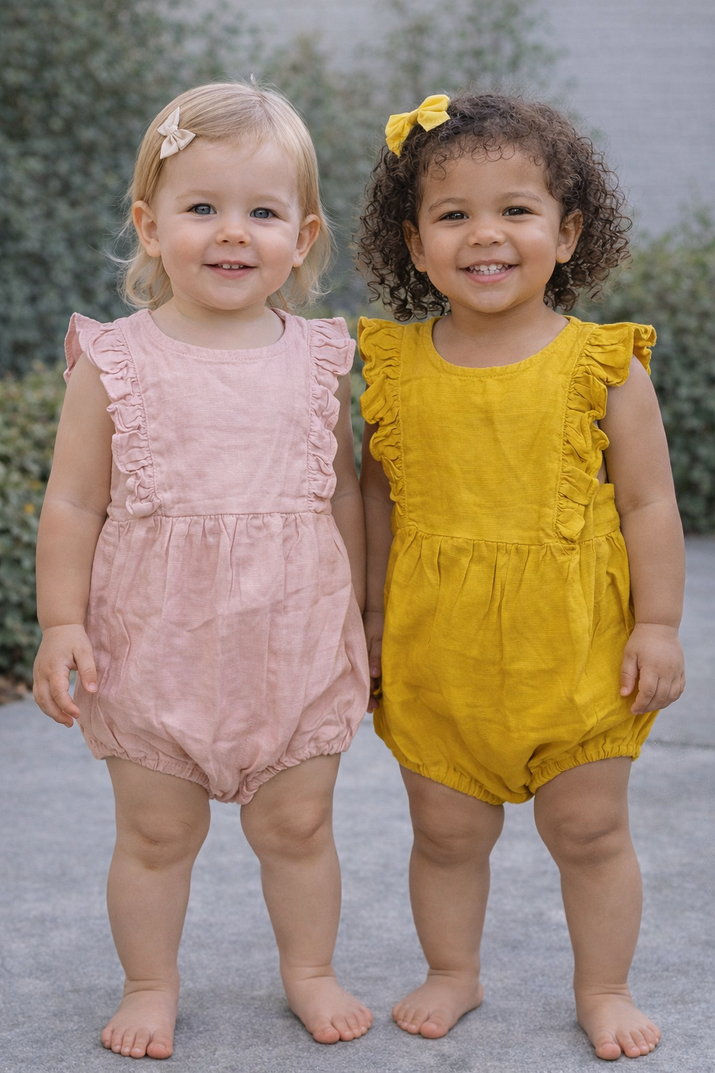 Two babies aged 18–24 months wearing linen rompers, one in soft peach and one in mustard yellow, modeled outdoors