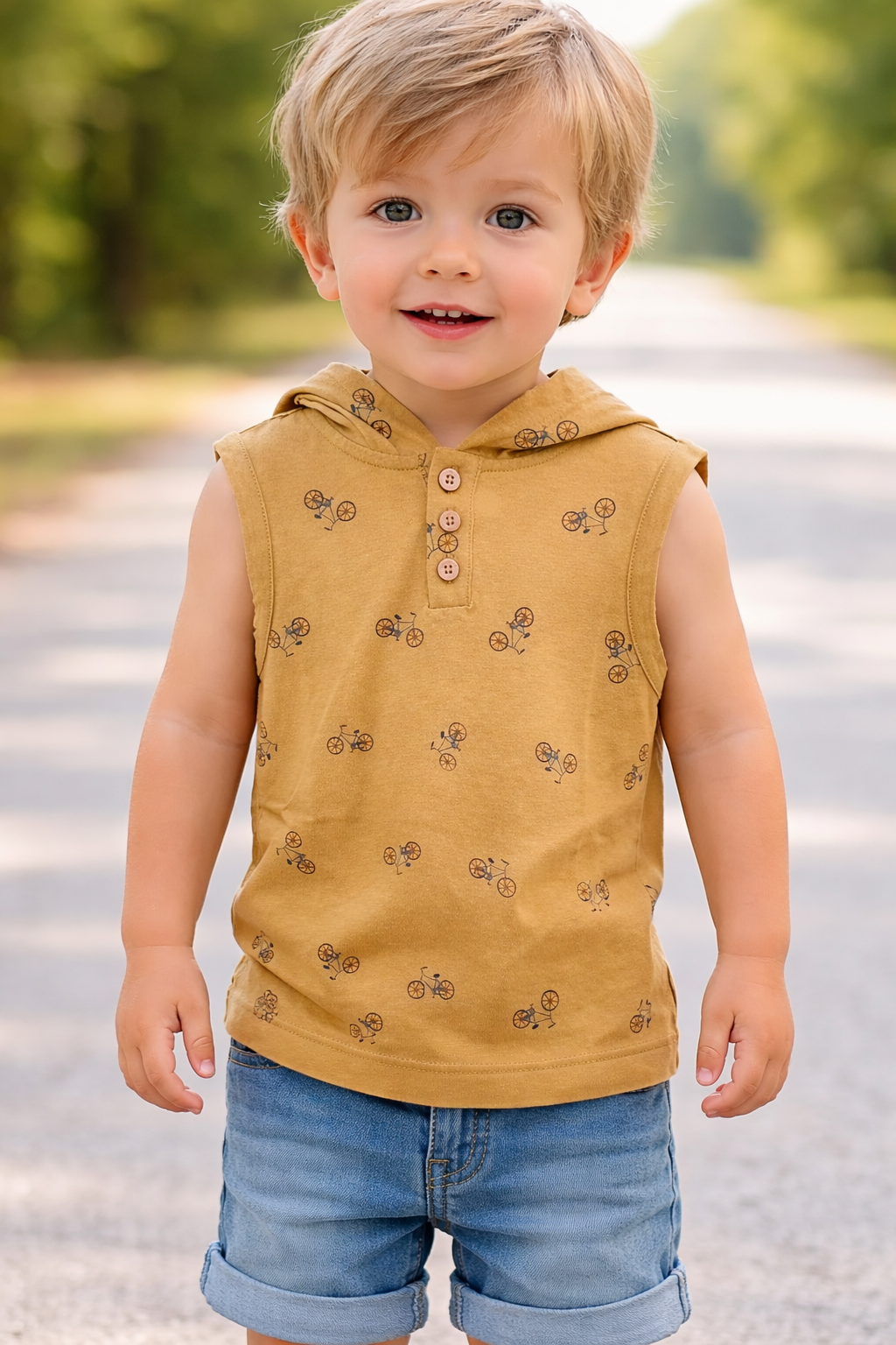 Toddler model age 2–3 wearing a mustard sleeveless hooded top with bicycle print and wooden button detail