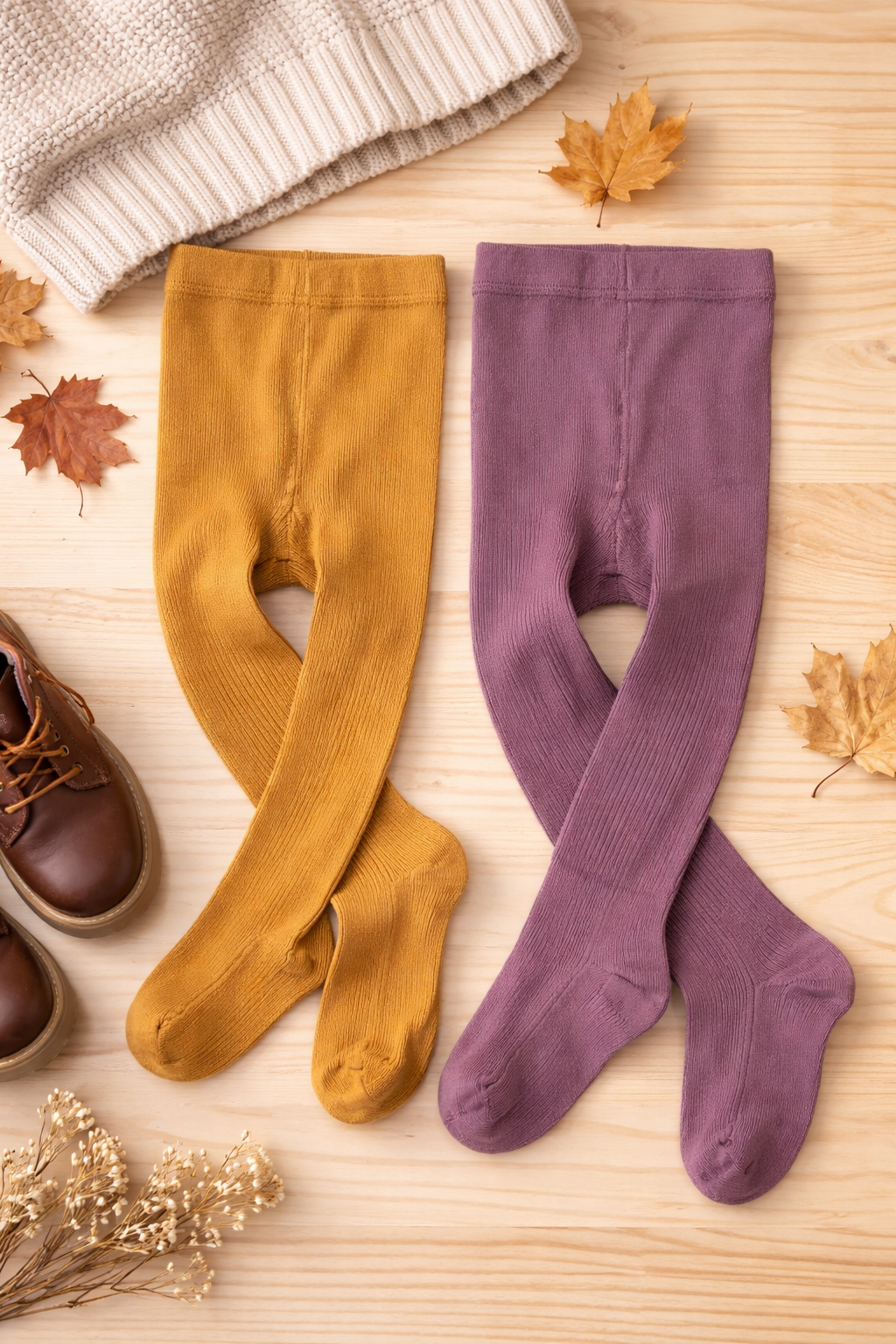 Mustard and purple ribbed girls tights laid flat, featuring a soft stretchy knit and full-length design for everyday wear.