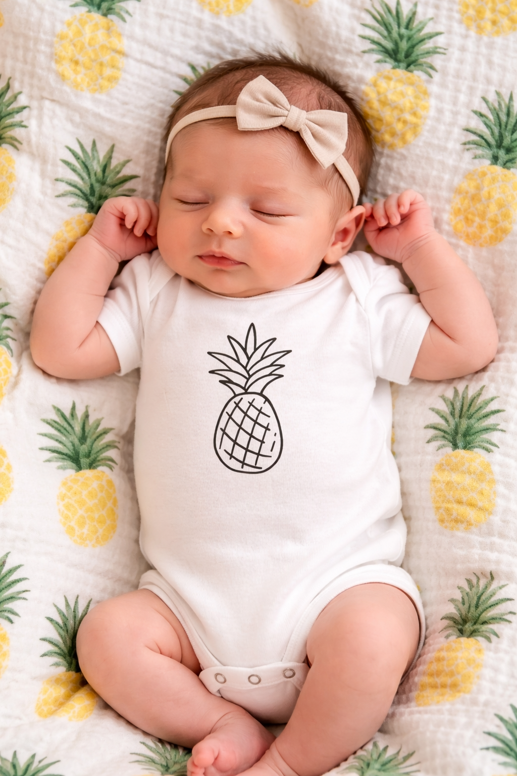 Newborn baby wearing a white pineapple onesie, resting on a pineapple print blanket