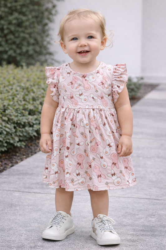 Toddler girl wearing a pink bunny print flutter sleeve dress paired with white star sneakers, styled as a playful everyday outfit.