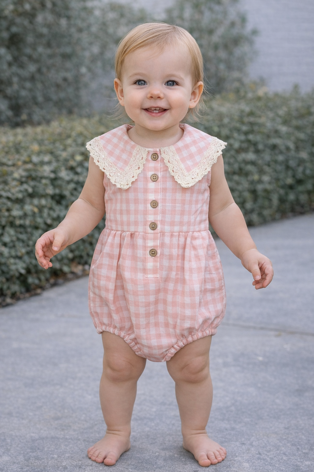 Infant girl wearing a pink gingham romper with lace Peter Pan collar and wooden buttons, modeled in size 12–18 months with a tailored fit