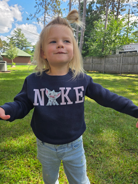 Toddler wearing Pua Crewneck inspired by Moana’s sidekick, front view, cozy cotton sweatshirt for kid