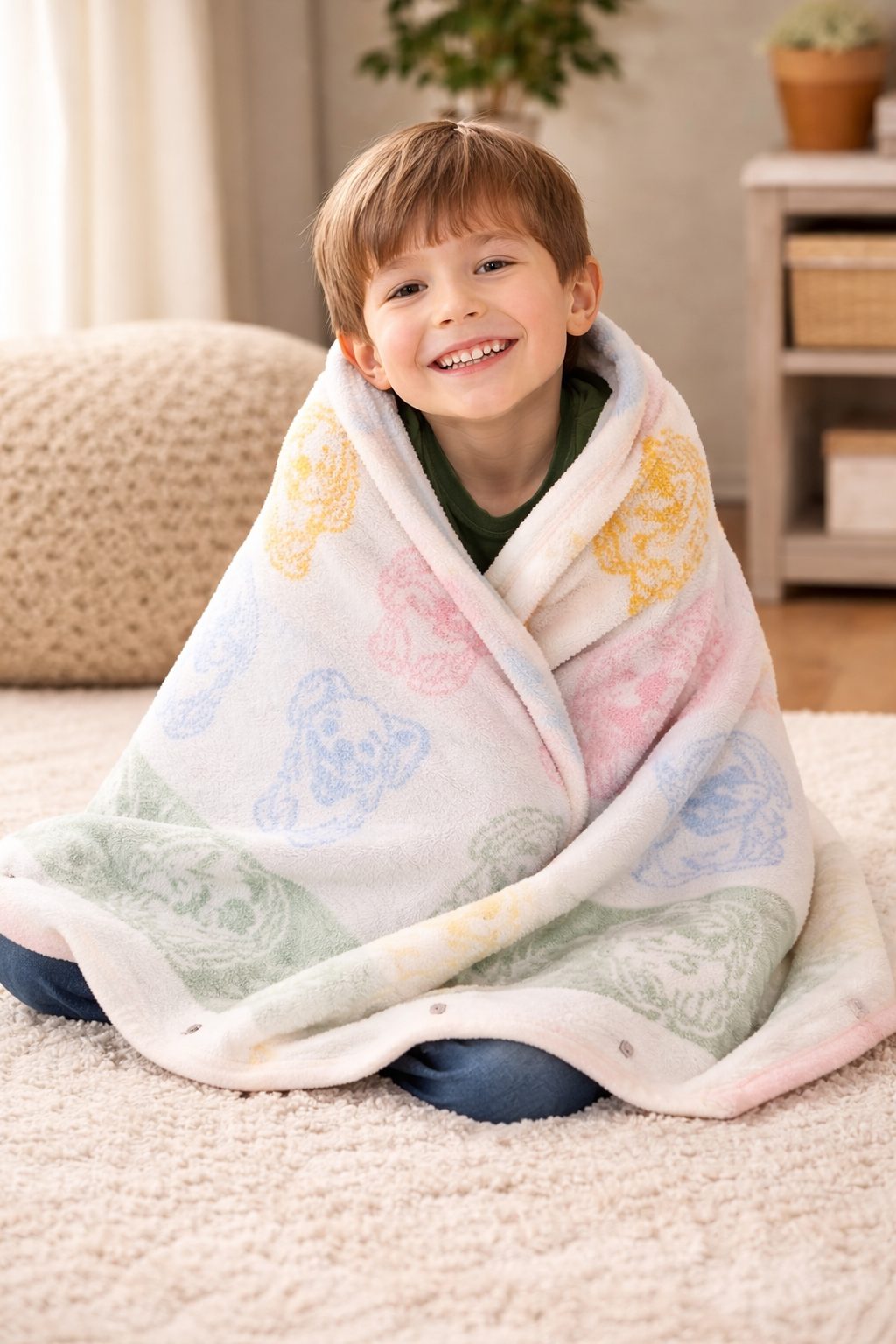 Toddler wrapped in pastel puppy print baby blanket, showing cozy size and fit of 29 x 35 inch reversible blanket