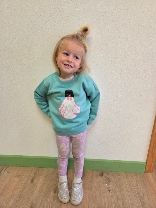 Kids Halloween Crewneck Sweatshirt – Rabbit Skins 3317 Toddler & Youth Fleece | Saltwater Pink Checkered Ghost Design
