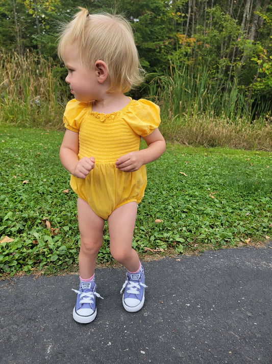 Ava Romper – Infant Girls Cotton Romper in Pink & Yellow