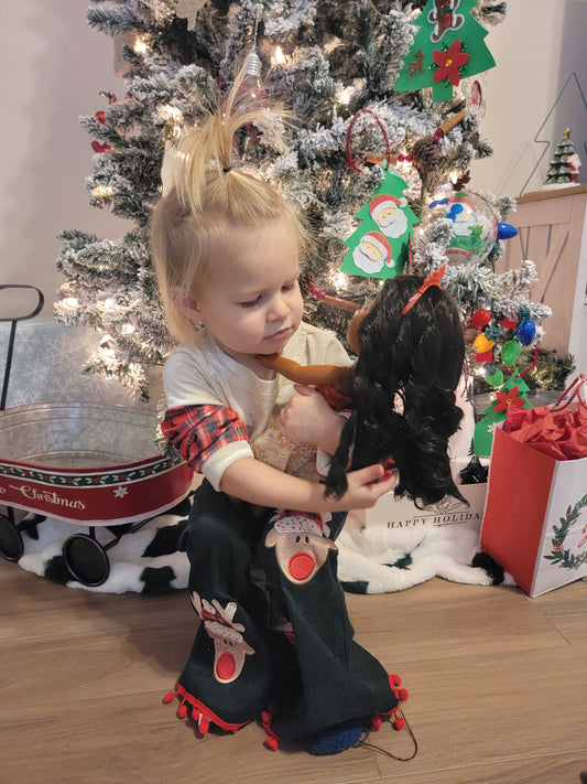 Reindeer Cheer Bell Bottoms Outfit | Girls Holiday Set with Plaid Sleeves & Corduroy Pants