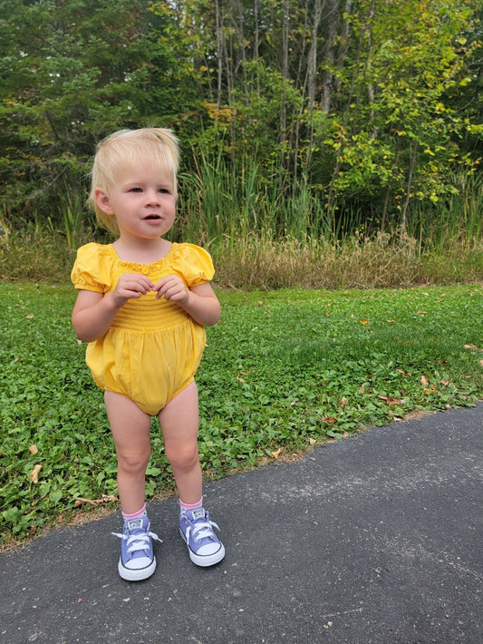 Ava Romper – Infant Girls Cotton Romper in Pink & Yellow