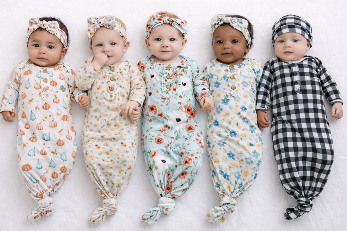 Newborn Gown – Soft Baby Sleep Gown in Multiple Patterns (Spring Floral, Blue Floral, Pumpkins, Black Plaid, Red Floral)