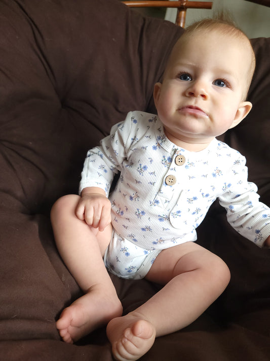 Ribbed Cotton Baby Long Sleeve with Buttons & Fold-Over Mittens – Navy, Pink, Stripes, Floral