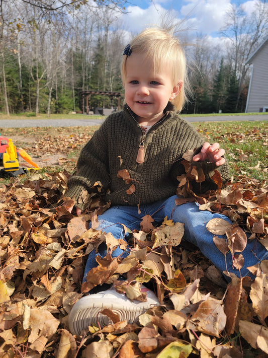 Dark Forest Green Essex Sweater – Mommy & Me Matching Quarter Zip with Lantern Sleeves