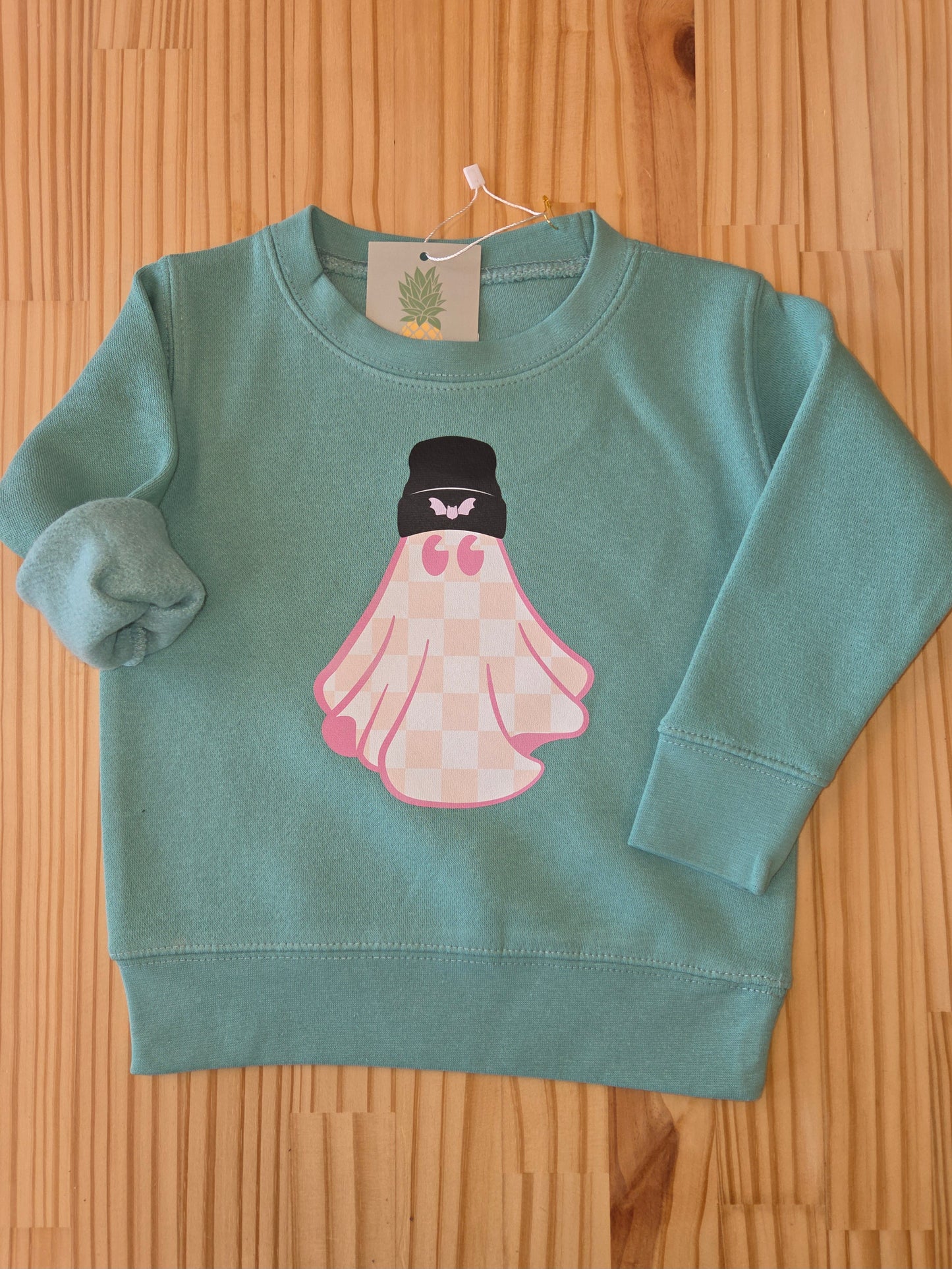 Kids Halloween Crewneck Sweatshirt – Rabbit Skins 3317 Toddler & Youth Fleece | Saltwater Pink Checkered Ghost Design