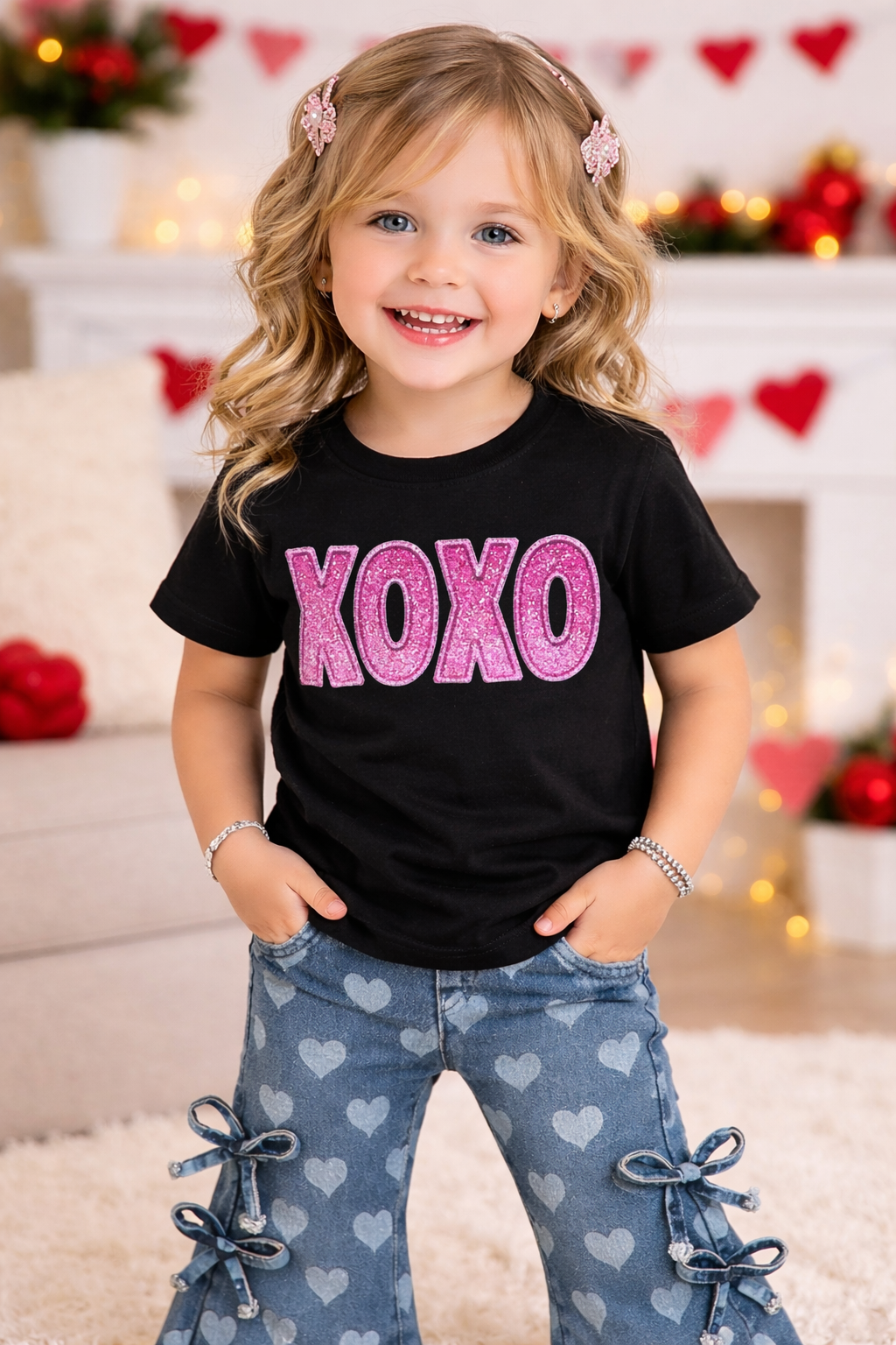 XOXO Toddler Valentine Shirt – Black Kids Valentine Tee with Pink Glitter Design