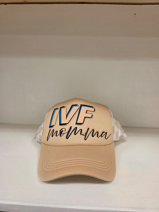 IVF Momma Foam Trucker Hat – White & Tan with Checkered Mesh Back | Infertility Awareness | Hopeful Hearts Clothing Co.