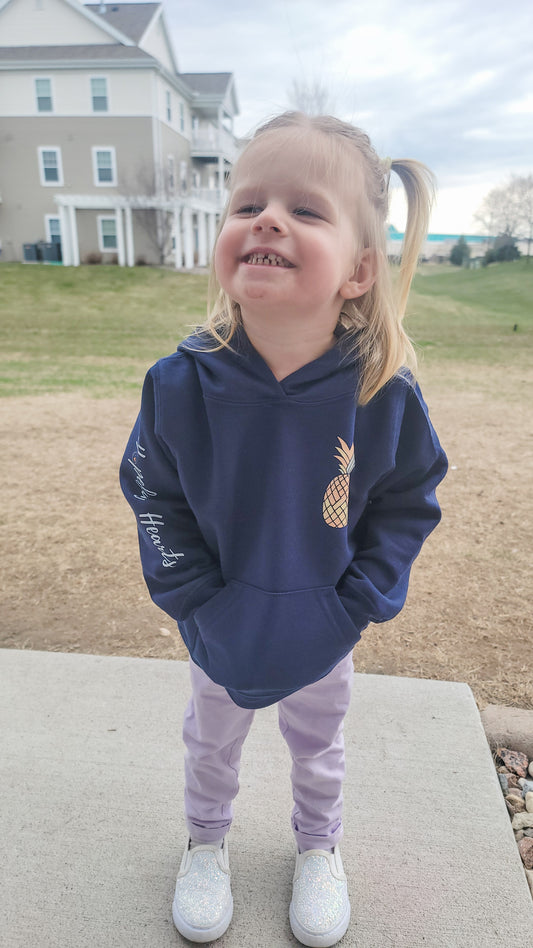 Navy toddler hoodie with pineapple logo, unisex kids pullover from Hopeful Hearts