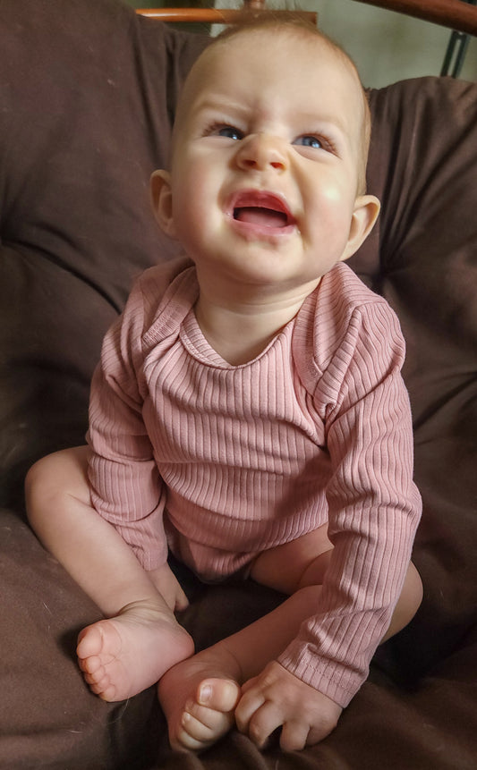 Organic Cotton Long Sleeve Ribbed Baby Onesie – Blue, Clay, & Rust Pink