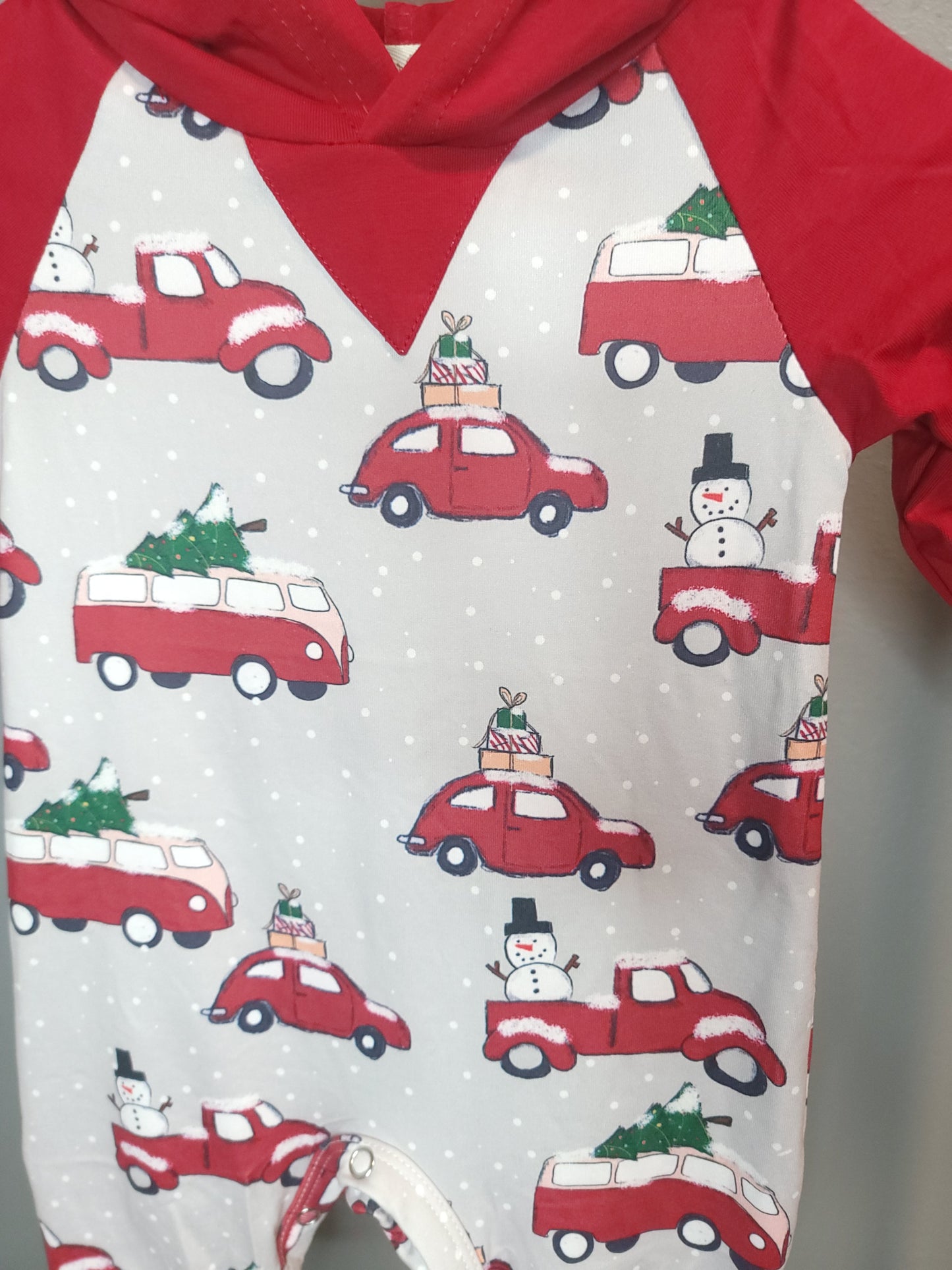 Home For Christmas Hooded Romper | Boys Holiday Romper with Cars & Tree Print