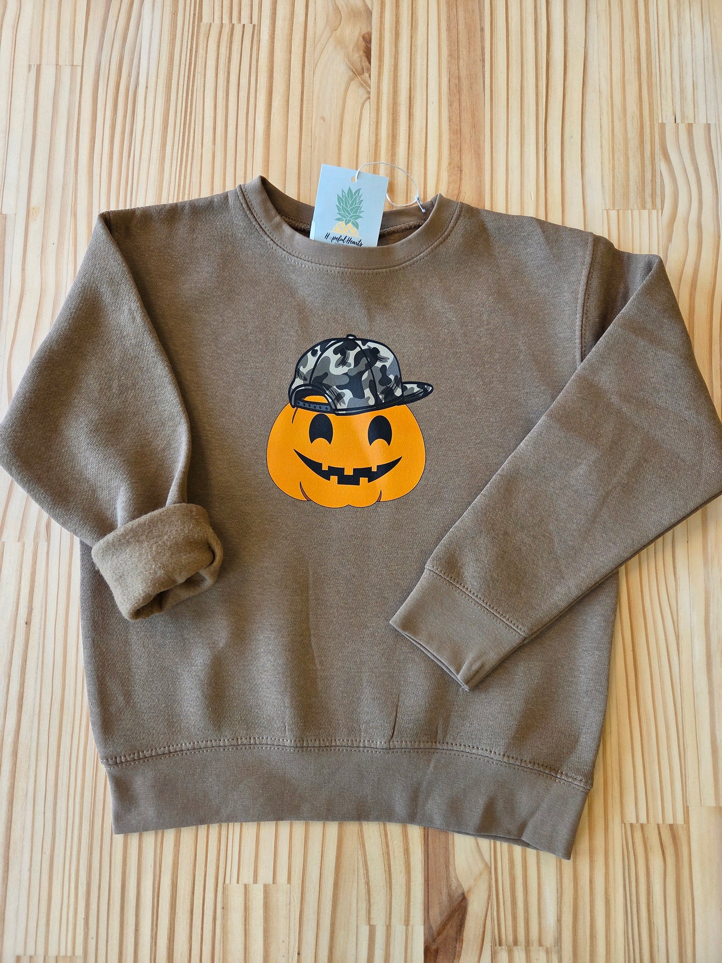 Kids Halloween Crewneck Sweatshirt – Rabbit Skins 3317 Toddler & Youth Fleece | Coyote Brown Pumpkin & Camo Cap Design