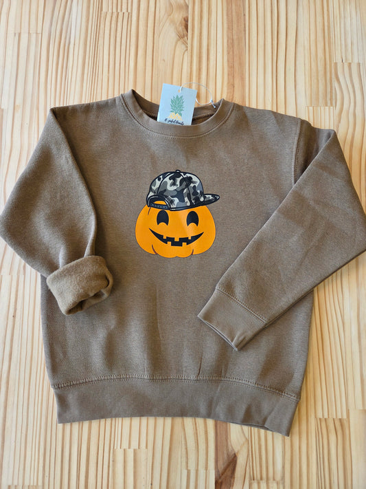 Kids Halloween Crewneck Sweatshirt – Rabbit Skins 3317 Toddler & Youth Fleece | Coyote Brown Pumpkin & Camo Cap Design