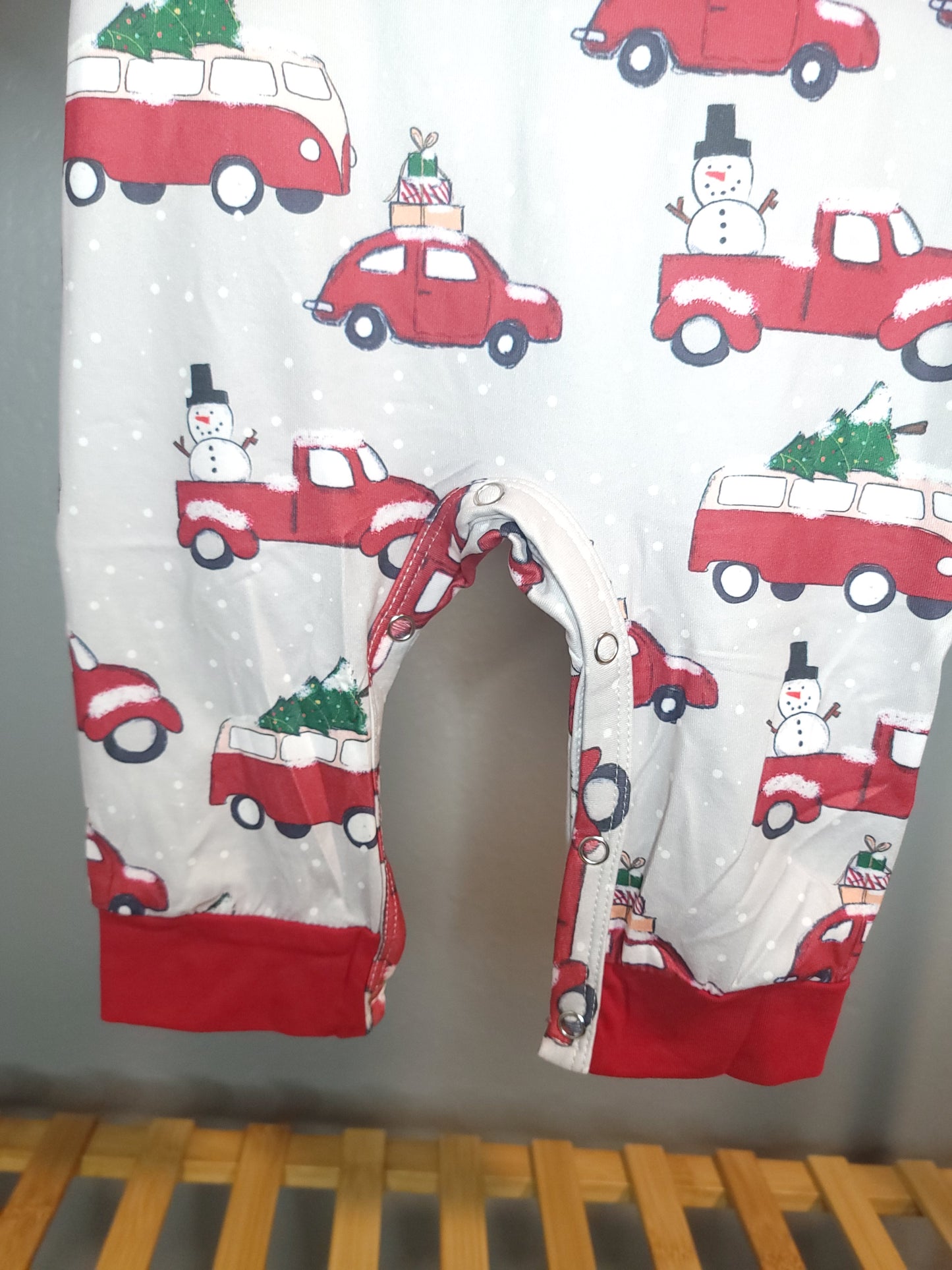 Home For Christmas Hooded Romper | Boys Holiday Romper with Cars & Tree Print