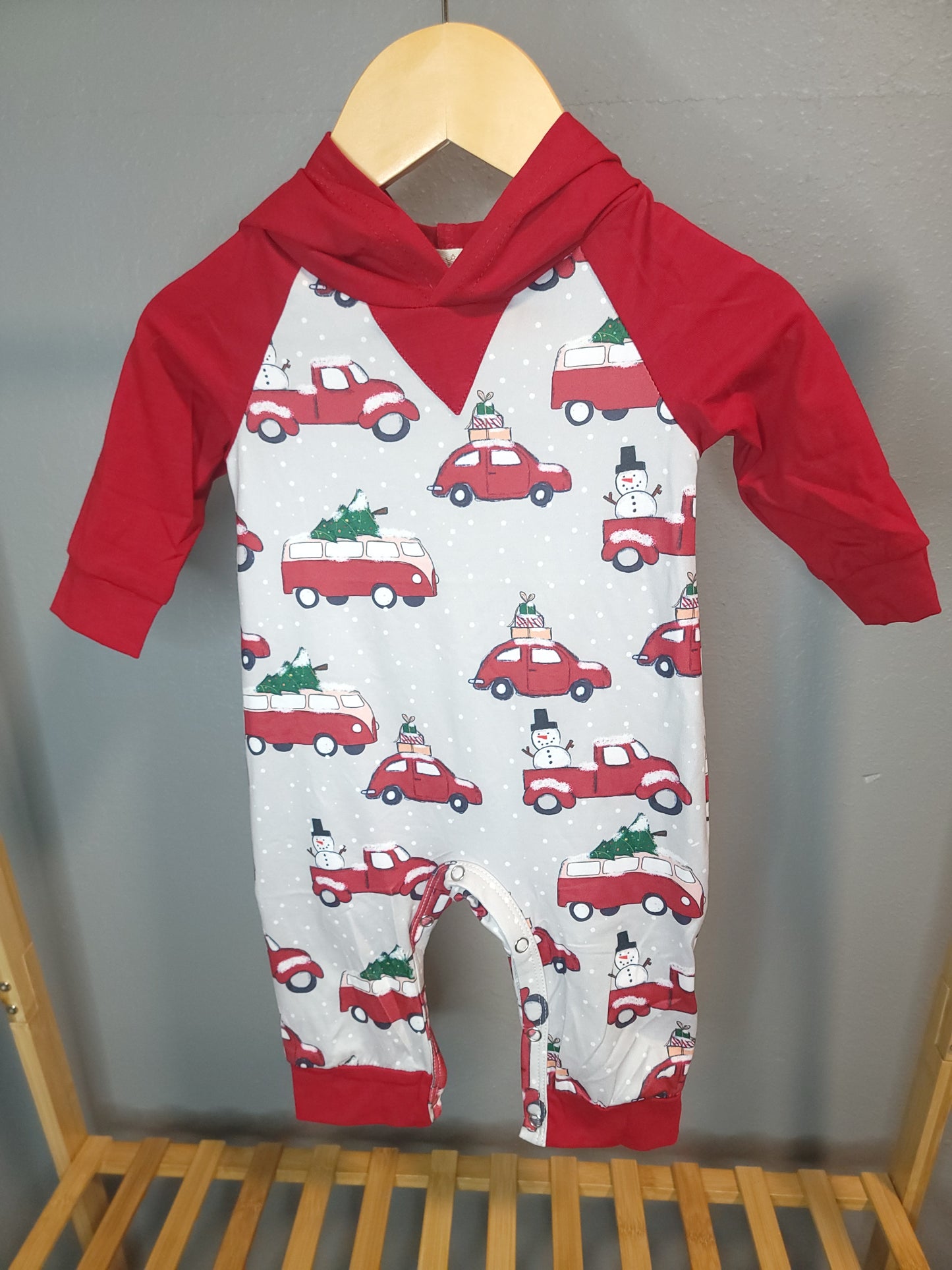 Home For Christmas Hooded Romper | Boys Holiday Romper with Cars & Tree Print