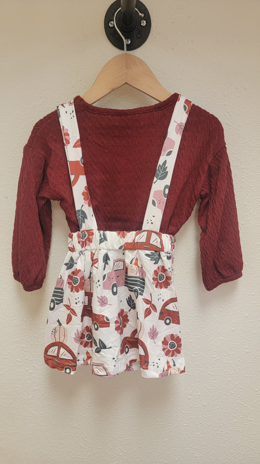 Children’s fall outfit, burgundy skirt set with pumpkin motif and adjustable straps