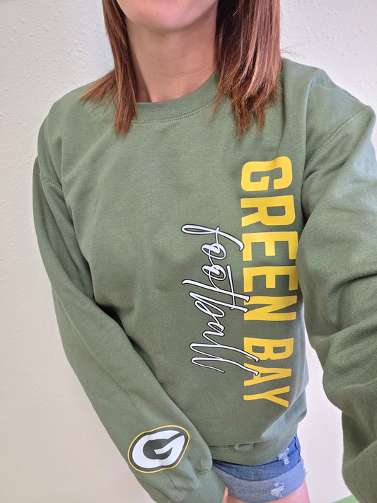 Green Bay football crewneck sweatshirt in dark green, cozy fall game day apparel for Packers fans