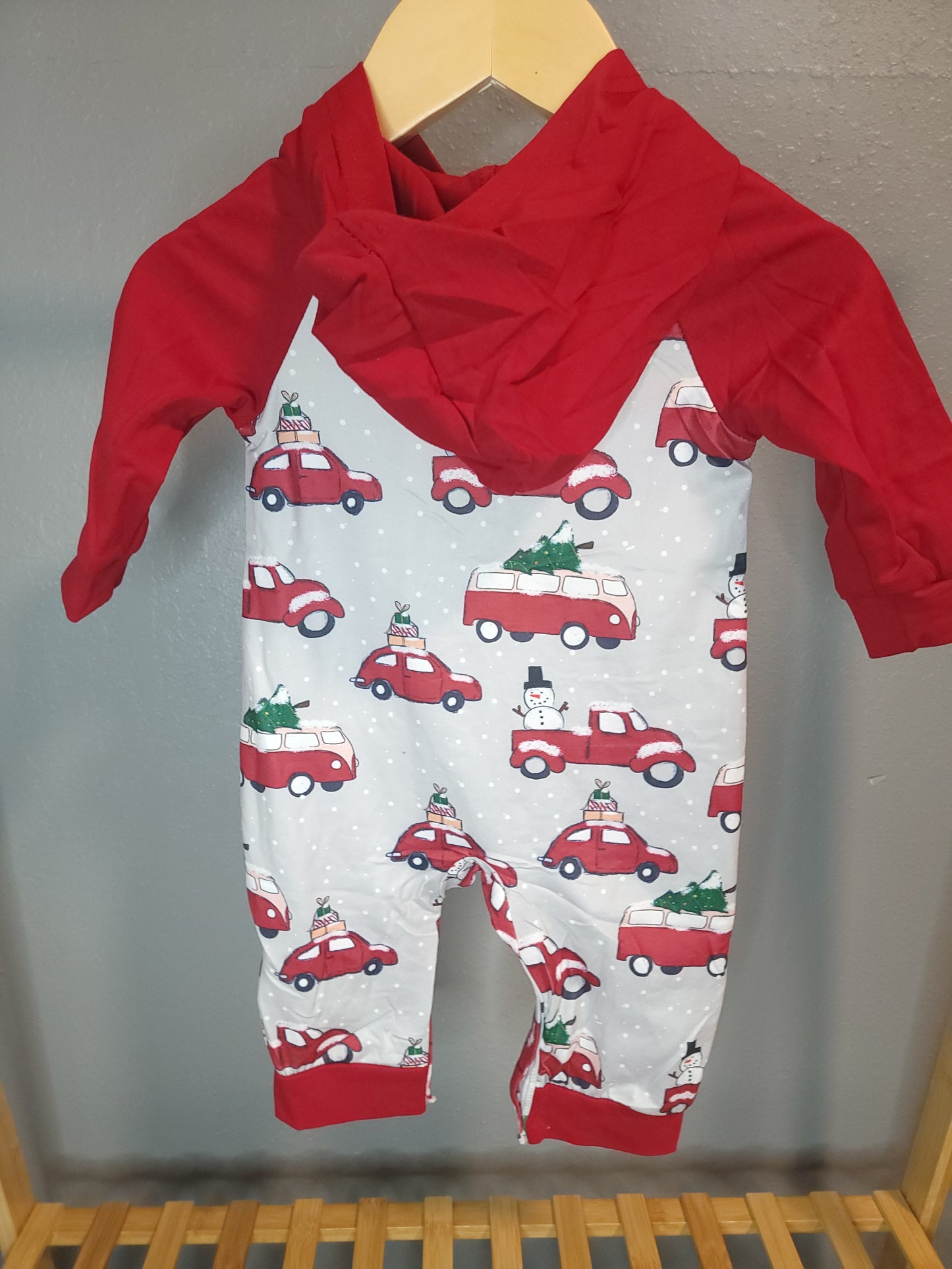 Home For Christmas Hooded Romper | Boys Holiday Romper with Cars & Tree Print