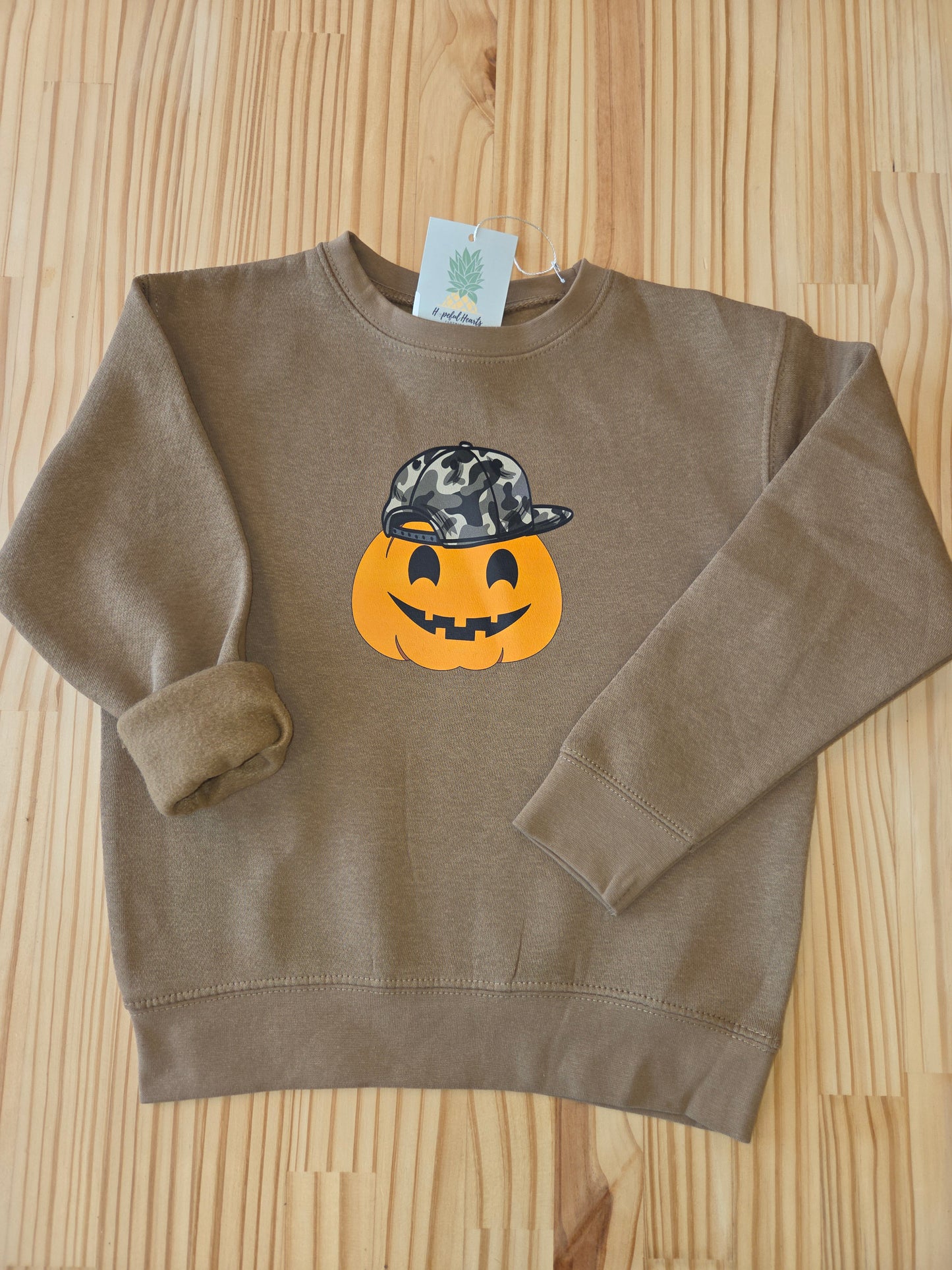 Kids Halloween Crewneck Sweatshirt – Rabbit Skins 3317 Toddler & Youth Fleece | Coyote Brown Pumpkin & Camo Cap Design