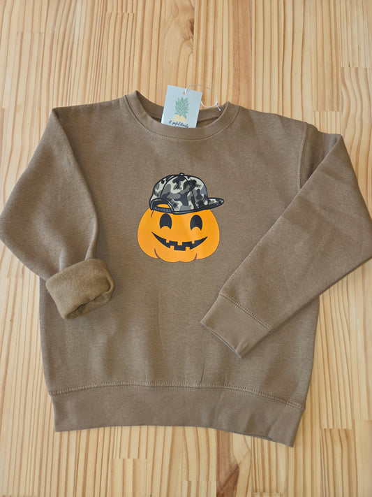 Kids Halloween Crewneck Sweatshirt – Rabbit Skins 3317 Toddler & Youth Fleece | Coyote Brown Pumpkin & Camo Cap Design