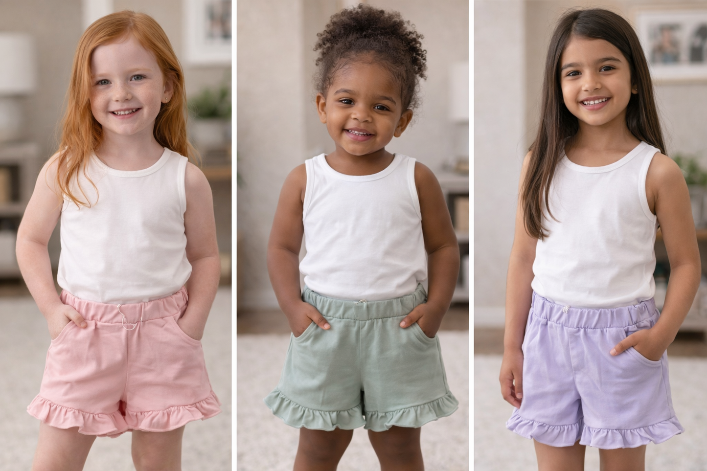 Three children wearing ruffled shorts in pink, sage, and lavender, showing fit across toddler to youth sizes