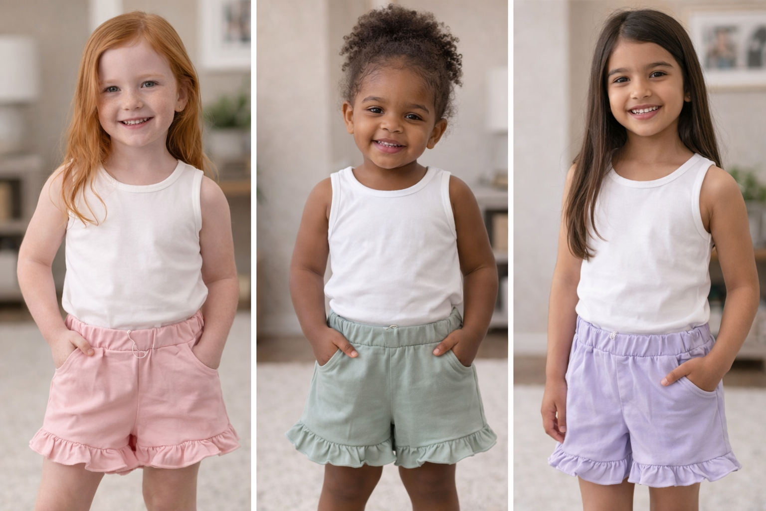 Three children wearing ruffled shorts in pink, sage, and lavender, showing fit across toddler to youth sizes