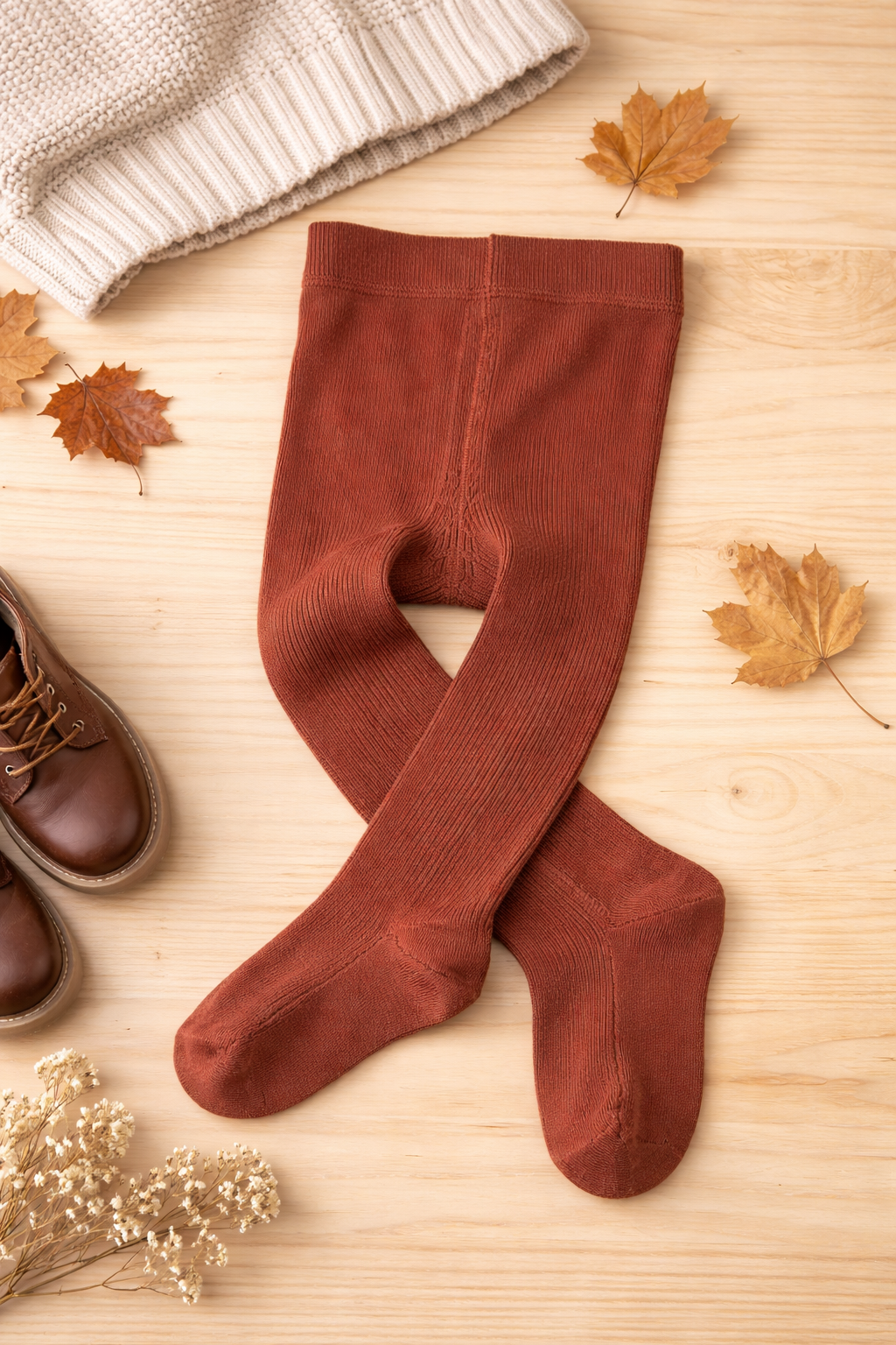 Rust ribbed girls tights styled on a wooden surface with brown boots and fall accents, showcasing soft knit texture and cozy everyday style