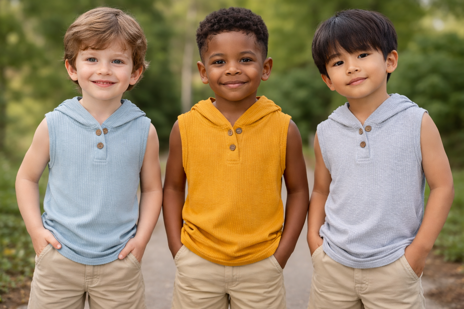 Kids modeling ribbed sleeveless hooded tops in light blue, mustard yellow, and heather gray with wooden button detail.
