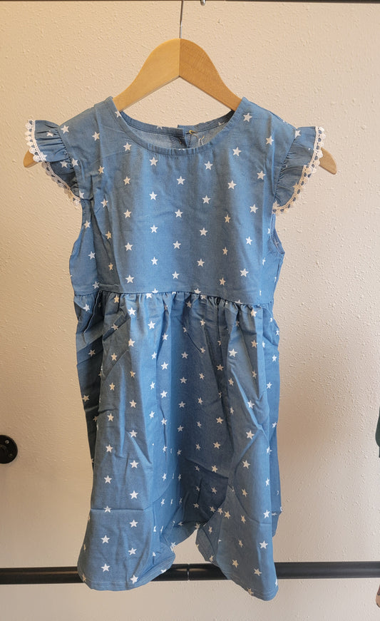 Front view of Stars Dress hanging – patriotic blue star pattern dress for toddlers and youth