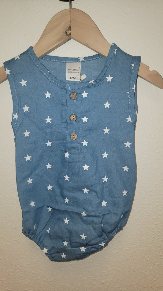 Front view of Stars Romper hanging – lightweight patriotic romper for babies and toddlers for 4th of July celebrations