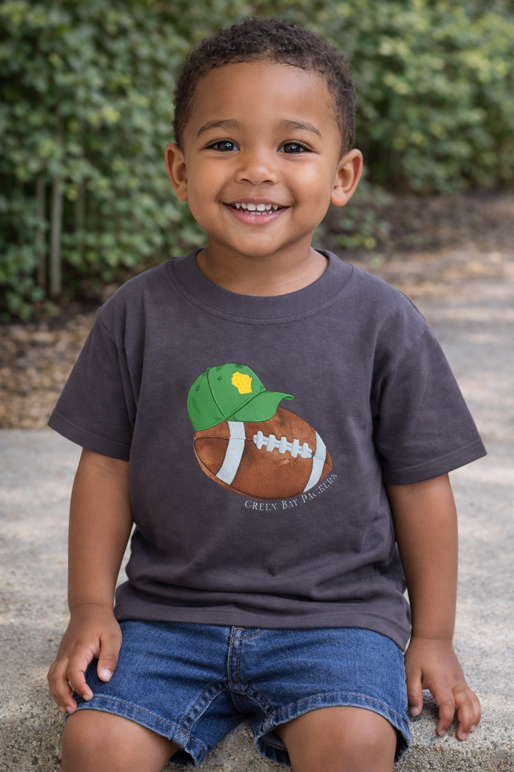 Two-year-old boy wearing a charcoal gray toddler T-shirt with a football graphic and green cap design, sitting outdoors and smiling.