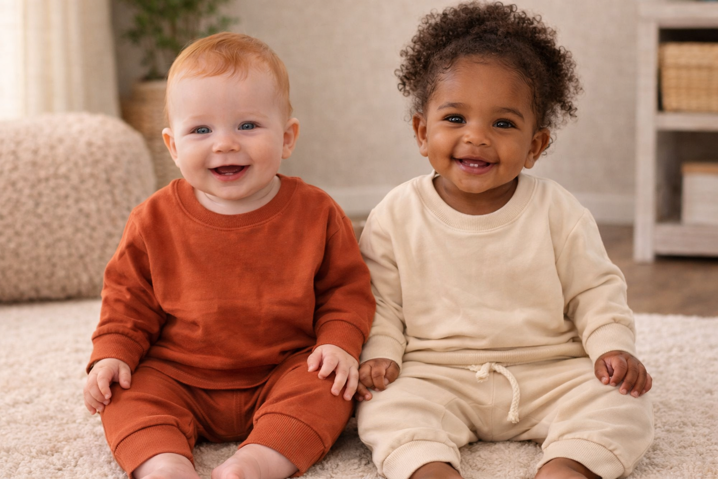Two babies sitting side by side wearing neutral two-piece lounge sets in rust and cream, showing soft fit for 6 month size