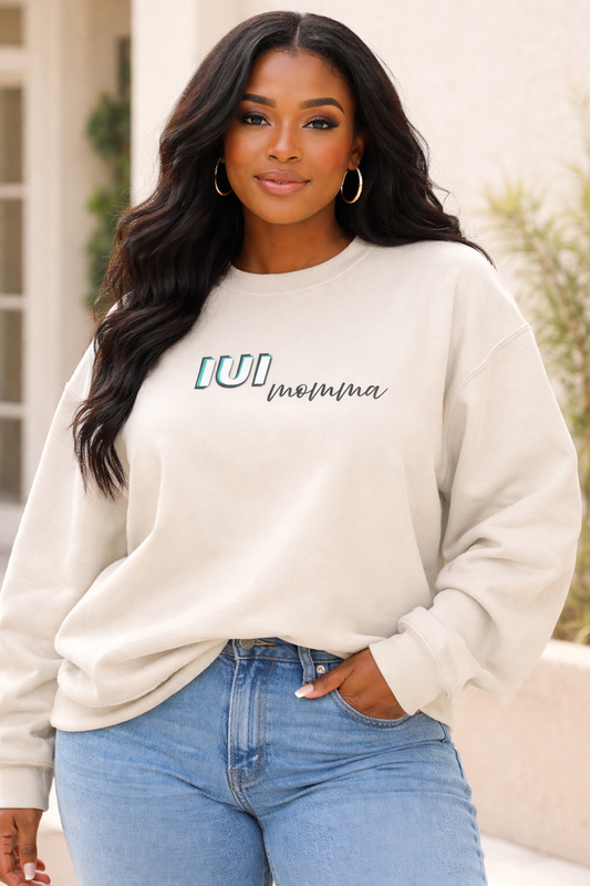 Woman model wearing cream UI Momma sweatshirt, cozy women’s boutique top celebrating motherhood and strength