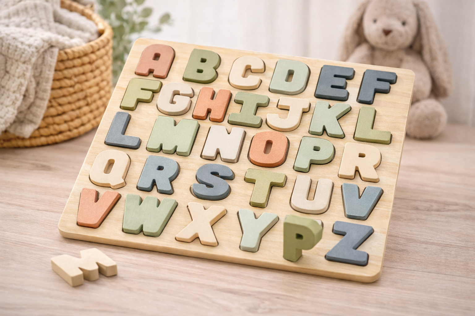 Neutral wooden alphabet puzzle board with pastel letters A through Z, designed for early learning and fine motor skill development
