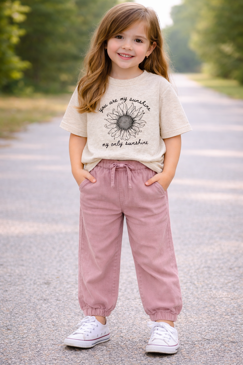 Toddler girl age 3–4 wearing a “You Are My Sunshine” graphic tee with soft mauve corduroy pants and white sneakers